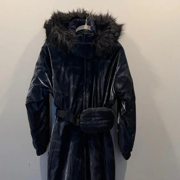 ASOS Navy Belted Ski Suit w/ Faux Fur Hood - Picture 5 of 12